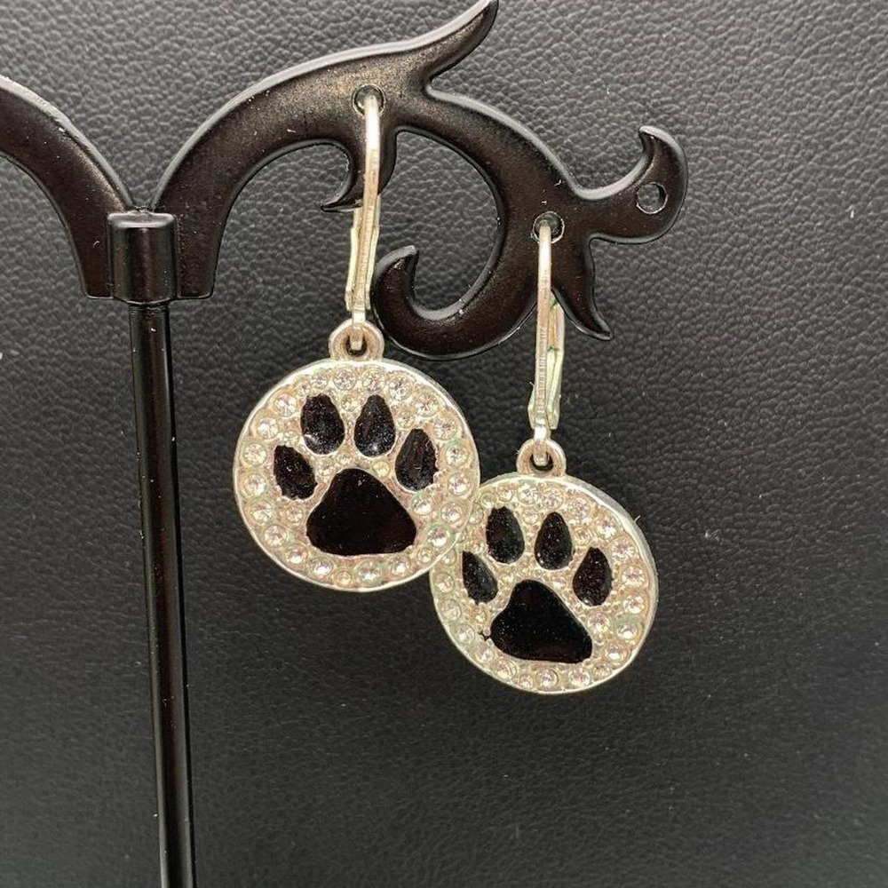 Silver Tone paw print earrings with rhinestones